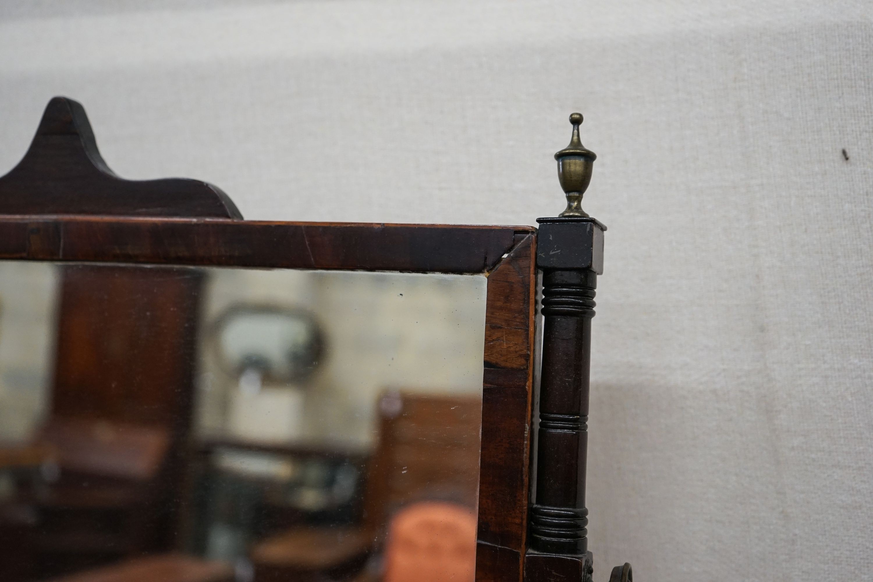 A George IV mahogany toilet mirror, with three drawer box base, width 58cm, depth 24cm, height 59cm